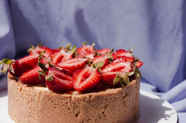 Käsekuchen mit Erdbeeren auf violettem Hintergrund Appetitlich schöner Kuchen Helle Präsentation