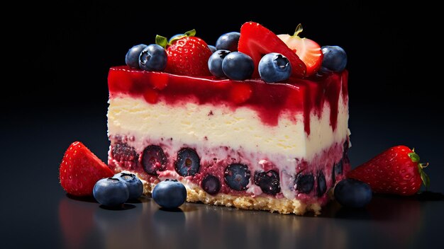 Käsekuchen mit frischen Beeren auf schwarzem Hintergrund, Nahaufnahme AI Generative