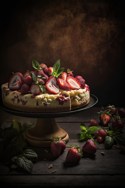 Käsekuchen mit mazerierten Erdbeeren Illustration AI Generative