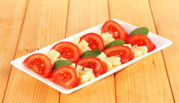 Käsemozzarella mit Gemüse im Teller auf Tisch