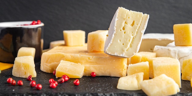 Käsesortiment verschiedene Sorten Antipasti Käse Aperitif Mahlzeit Snack auf dem Tisch