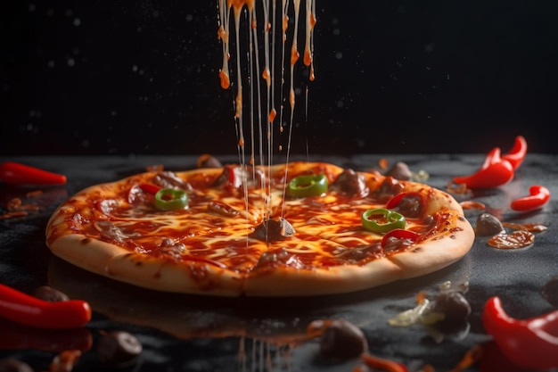 Käsestückchen und Soße tropfen auf Pizza mit Paprika. Erstellt mit generativer KI-Technologie