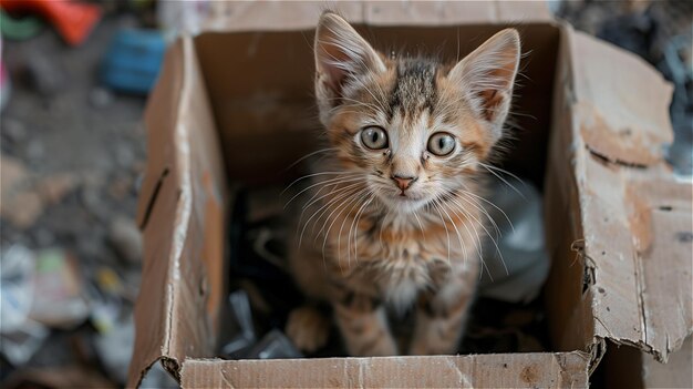 Kätzchen in einer Kartonschachtel gegen einen Hintergrund, der von Müll umgeben ist