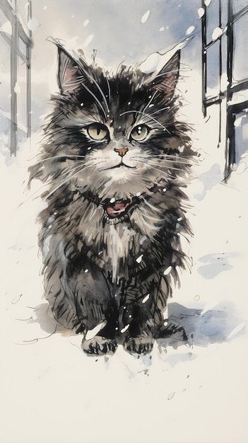 Kätzchen, Katze, sitzend, Schnee, Kragen, Hals, Illustration, Molly, atemberaubende tiefe Augen, Rowan, kurzes Licht