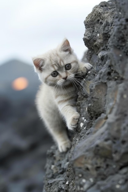Kätzchen klettert auf einen Felsen