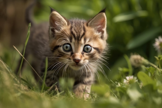 Kätzchen läuft und rollt auf Gras