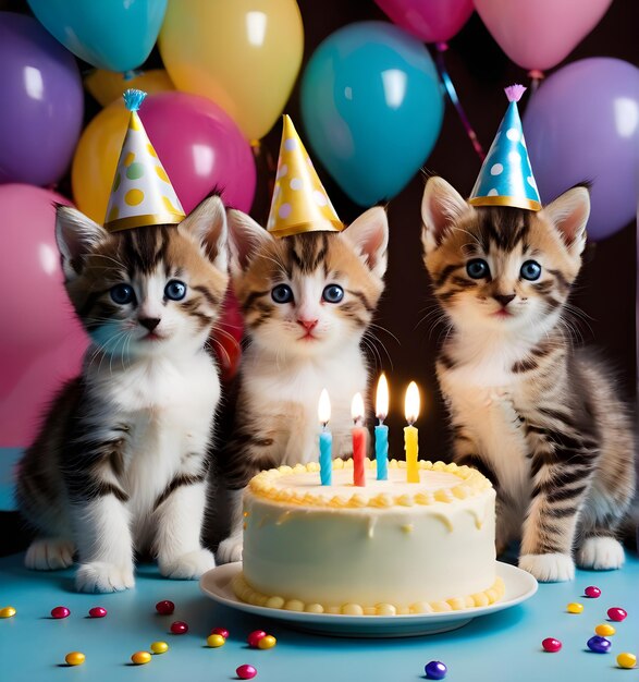 Foto kätzchen mit geburtstagskuchen und bunten ballons im hintergrund