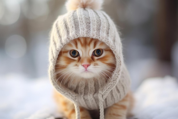 Kätzchen mit gestrickter Wollmütze im Winter