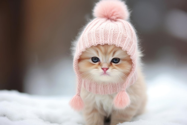 Kätzchen mit gestrickter Wollmütze im Winter