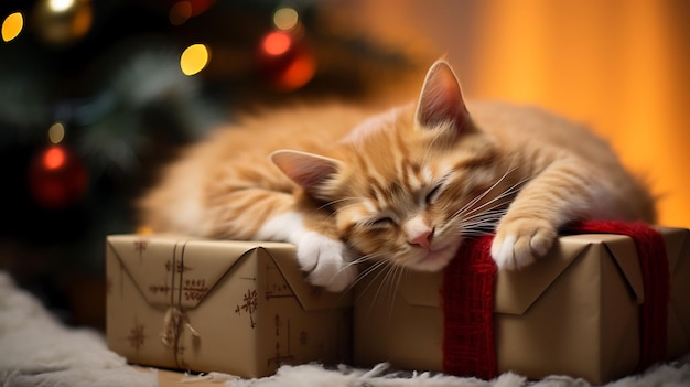 Kätzchen schläft auf einer blauen Kiste von Weihnachten
