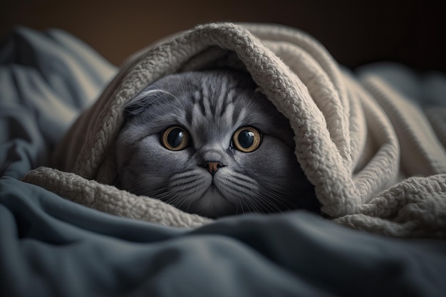 Kätzchen unter einer Decke Die Katze ruht sich warm unter dem Plaid Generative AI aus