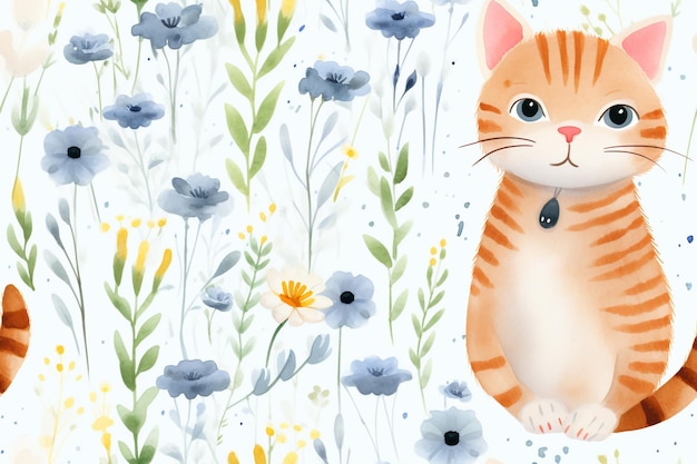 Kätzchen unter Wildblumen Ein nahtloses Design, bei dem Katzen die Schönheit der Natur umarmen