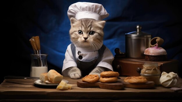 Kätzchenkoch, gekleidet in Küchenhut und Schürze, bereitet ein Gourmet-Mahlzeit vor