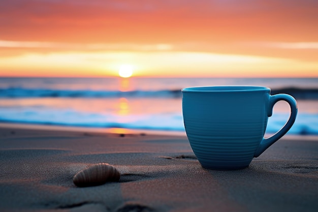 Kaffee auf dem Strand, Sand, Sonnenuntergang und Meer im Hintergrund, generative KI