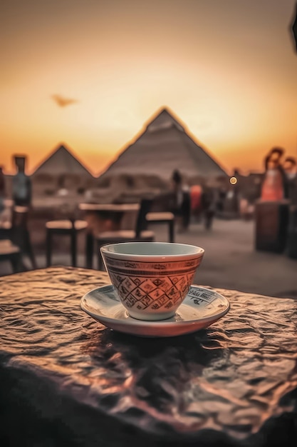 Kaffee auf einem Holztisch im Hintergrund die Pyramiden von Ägypten