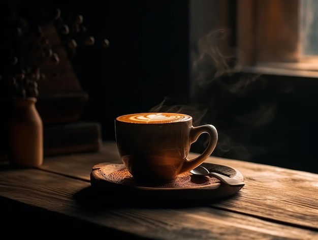 Kaffee auf Holztisch Generative ai