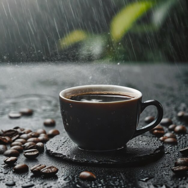 Kaffee auf schwarzer Steinoberfläche mit Regen im Hintergrund Ai Generated