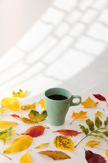 Kaffee auf weißem Hintergrund mit Herbstlaub. Herbst Hintergrund
