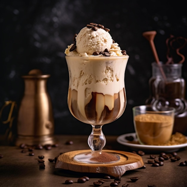 Foto kaffee-eis in einem glas auf einem dunklen hintergrund