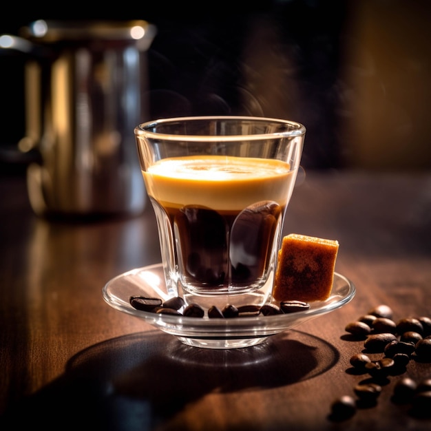 Kaffee in einem Glasbecher auf einem Holztisch mit Kaffeebohnen
