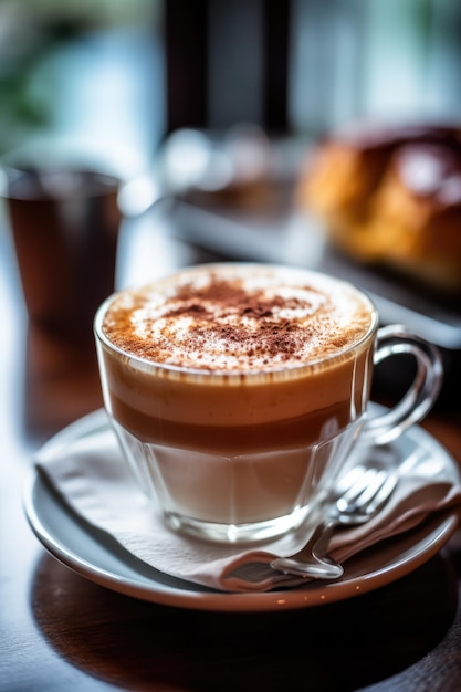 Kaffee in einer Tasse auf einem Holztisch in einem Café mit beleuchtetem Hintergrund