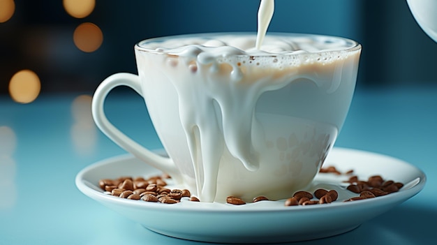 Kaffee in einer Tasse mit Milch wird in eine Tasse auf buntem, unscharfem Hintergrund gegossen