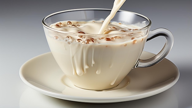 Kaffee in einer Tasse mit Milch wird in eine Tasse auf weißem Hintergrund gegossen