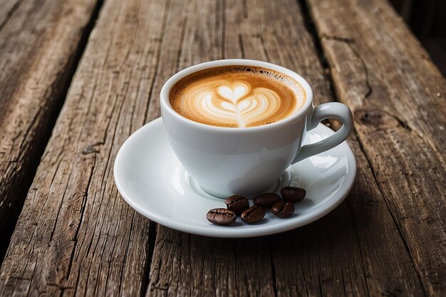 Kaffee in einer weißen Tasse auf einem alten Holztisch und einem Smartphone