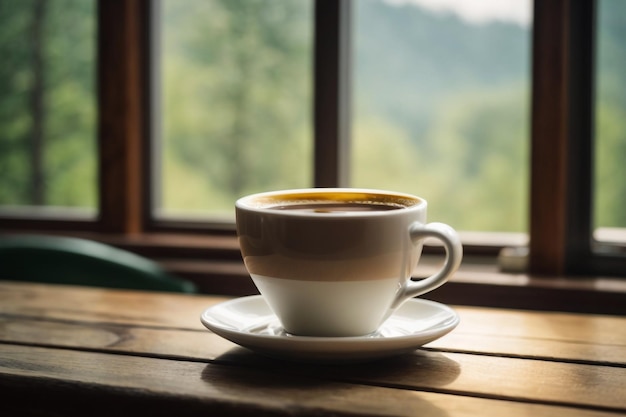 Kaffee in einer weißen Tasse in einem Restaurant mit Blick aus dem Fenster