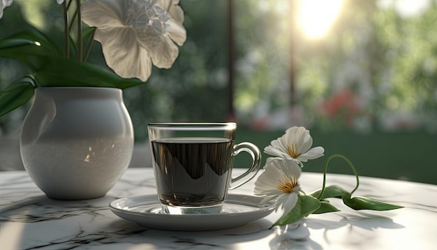 Kaffee in Tasse auf Holztisch mit Blumen in der Frühlingssaison ruhig und entspannt Kaffee heiß Generative KI