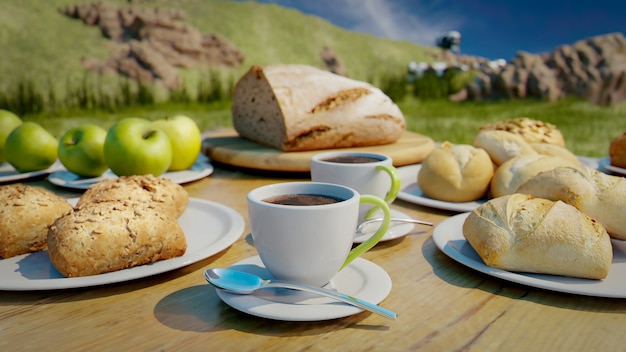 Kaffee mit Brot und Äpfeln in einer wunderschönen Höhenlandschaft mit grünem Gras und blauem Himmel