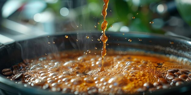 Kaffee mit heißem Wasser, das aus einem Kessel gegossen wird