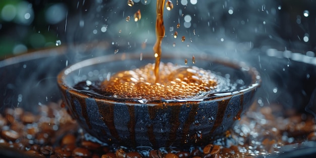 Kaffee mit heißem Wasser, das aus einem Kessel gegossen wird