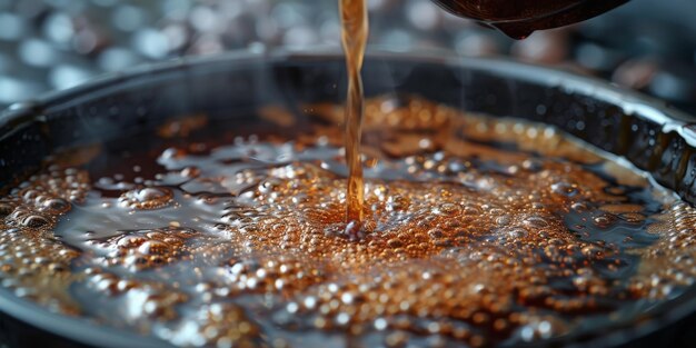 Kaffee mit heißem Wasser, das aus einem Kessel gegossen wird