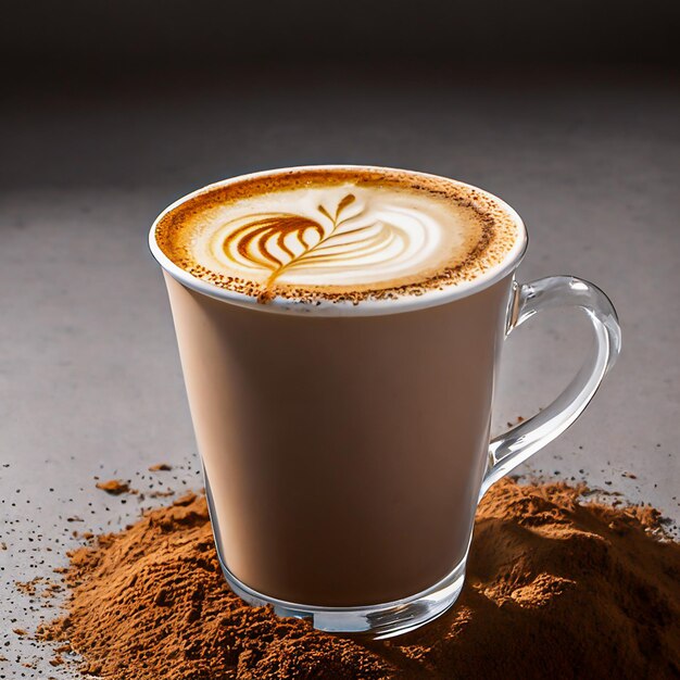 Kaffee mit Milch und gemustertem Schaum auf einem dunklen Tisch. Generativer KI-Kopierraum