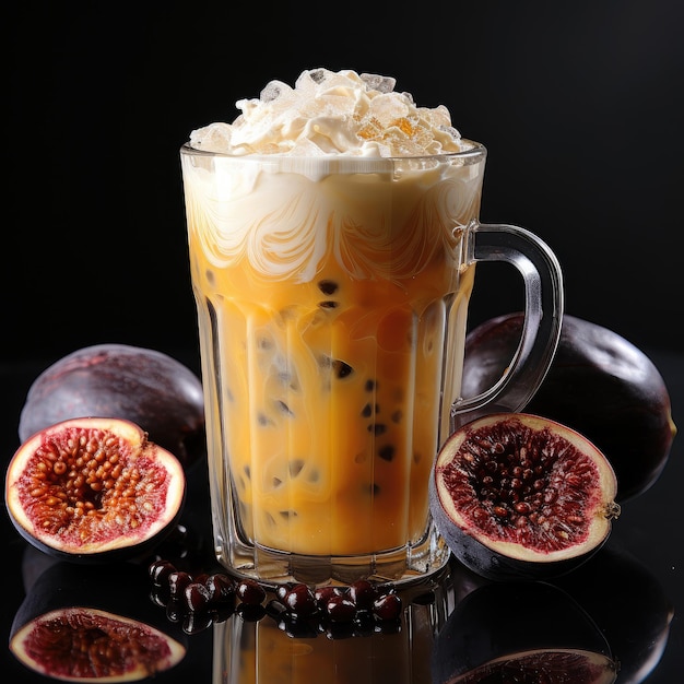 Kaffee mit Passionsfrucht in einem Glasbecher auf einer Untertasse Exotisches Kaffeegetränk Generative KI