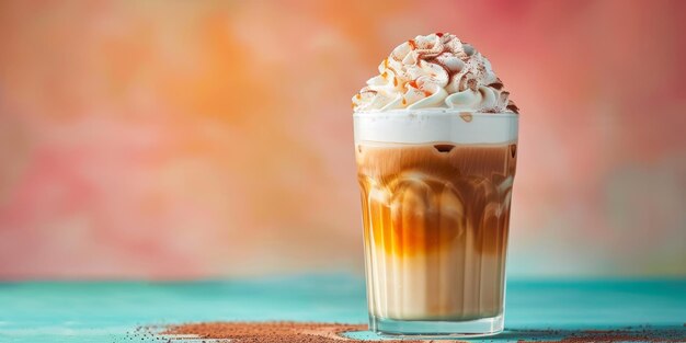 Kaffee mit Schlagsahne und Karamellsirup in Glas auf pastellfarbenem Hintergrund Kopierraum