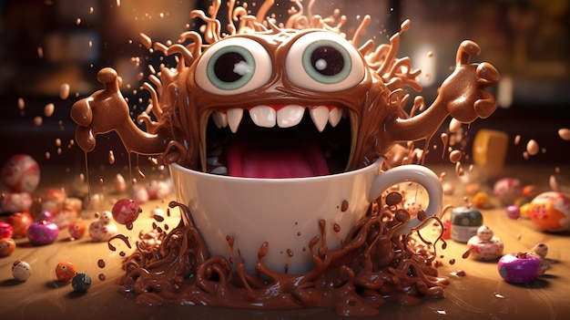 Kaffee-Monster mit verrückten Augen, süßer Charakter mit Koffein-Energie, sehr aufgeregt.