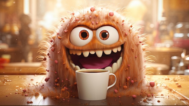 Kaffee-Monster mit verrückten Augen, süßer Charakter mit Koffein-Energie, sehr aufgeregt.