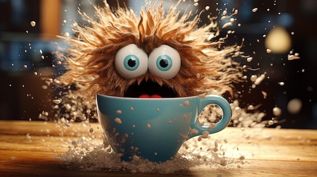 Kaffee-Monster mit verrückten Augen, süßer Charakter mit Koffein-Energie, sehr aufgeregt.