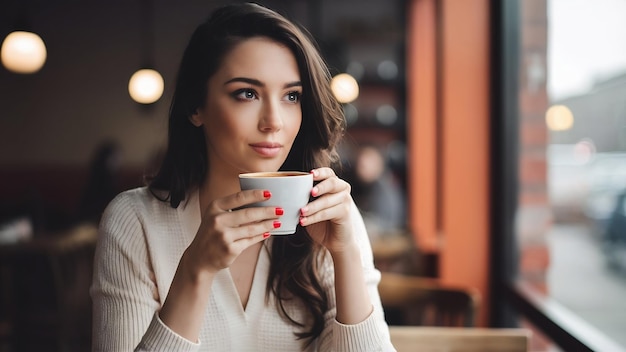 Kaffee Schönes Mädchen trinkt Tee oder Kaffee im Café