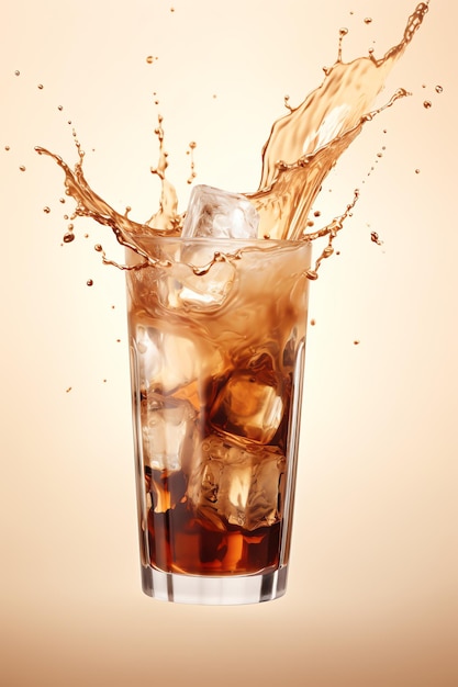 Kaffee spritzt in ein Glas Eis Anzeige mit Kopierplatz auf beigenem Hintergrund