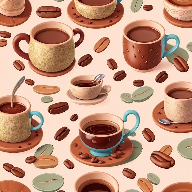 Kaffee-Thema-Set-Muster-Hintergrund, Kaffeetassen, Kaffeebohnen, schöne realistische Kunstdruck-Tapete