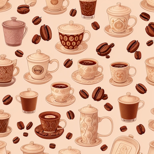 Kaffee-Thema-Set, Musterhintergrund, Kaffeetassen, Kaffeebohnen, schöner Vektor-Illustrationsdruck