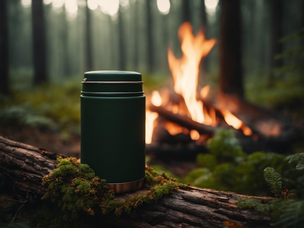 Kaffee-Thermos-Lagerfeuer-Waldabenteuer