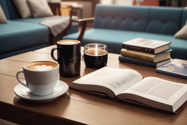 Kaffee und Buch auf dem Tisch im Café, guten Morgen im Büro bei der Arbeit
