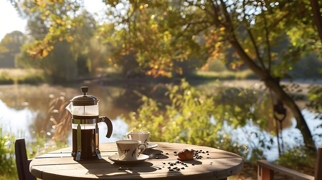 Kaffee und Croissant auf einem Holztisch mit dem See und Bäumen im Hintergrund