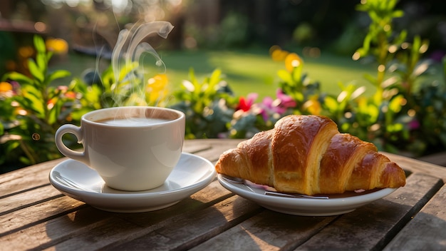 Foto kaffee und croissant frisches frühstück im sommergarten