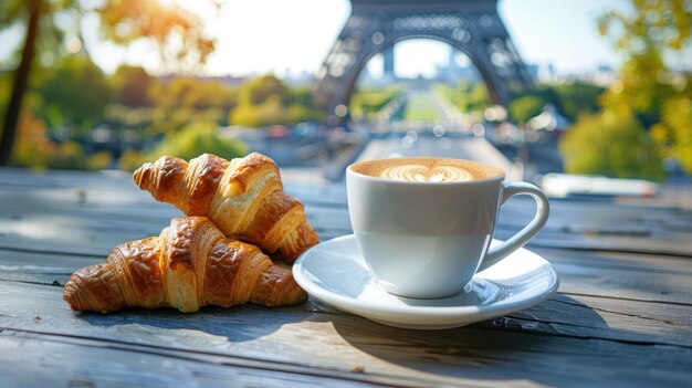 Foto kaffee und croissants vor dem hintergrund des eiffelturms selektive fokussierung