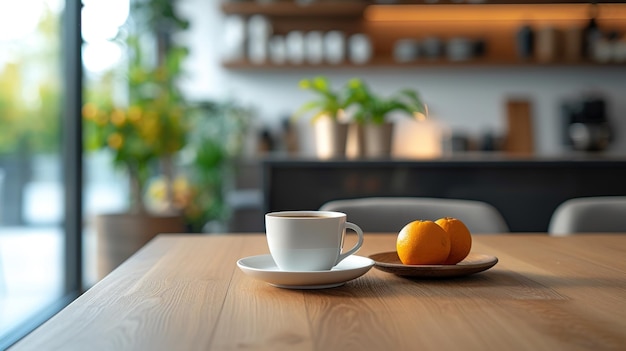 Kaffee- und Orangenbecher auf einem Holztisch in der Küche